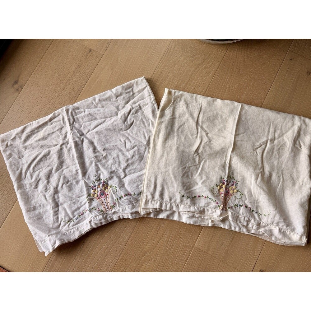 Vintage Handmade Embroidered Standard Pillowcases Floral Set Of 2 Matching